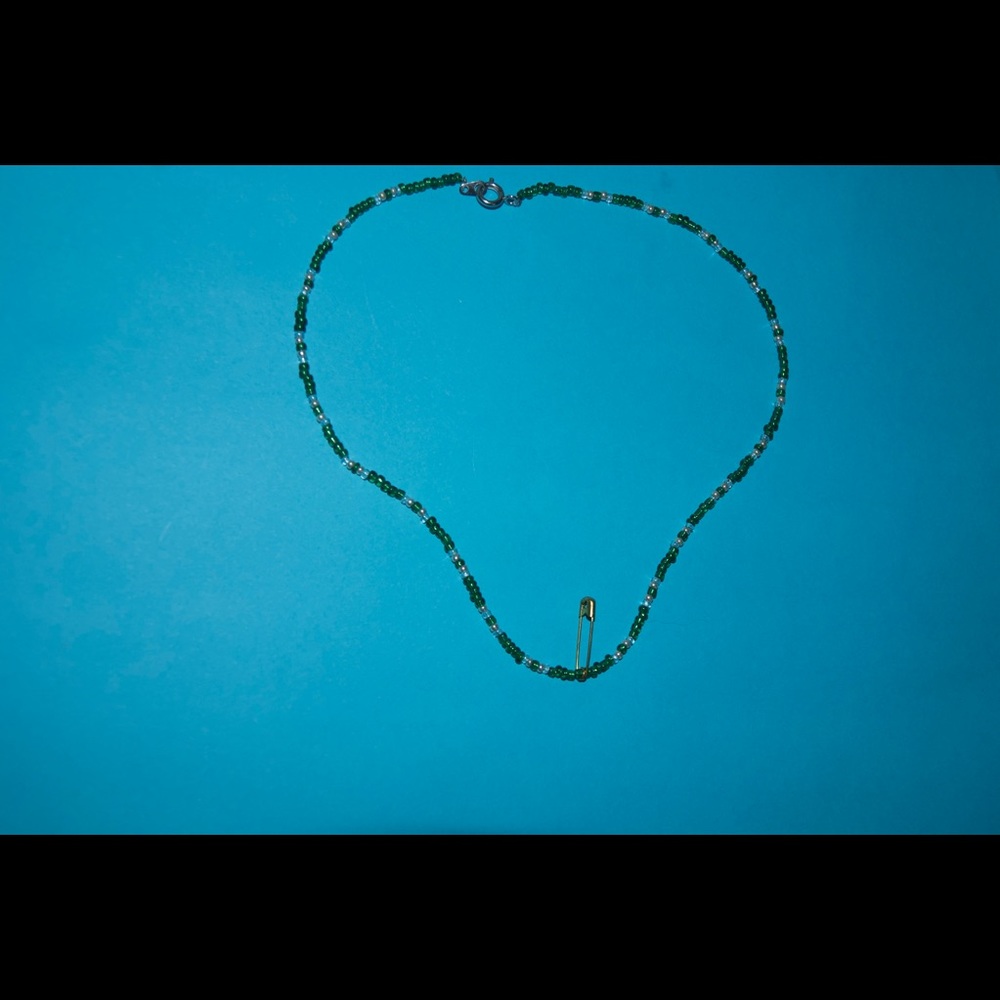 handmade seed bead choker with safety pin charm